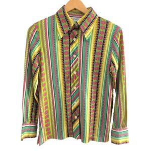 Vintage 70s Psychedelic Floral Dagger Collar Nylon Disco Shirt Blouse Top Medium